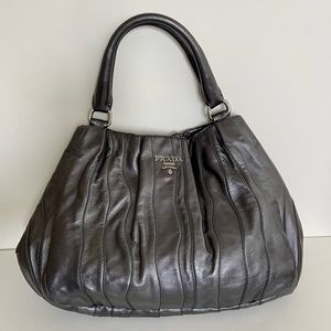 Prada Waves Satchel Tote Handbag Luxurious Gunmetal Leather Excellent Condition